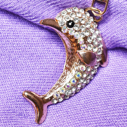 Keychain - Dolphin Keychain, Metal Alloy, Rose-Gold Appearance, Clear Rhinestones