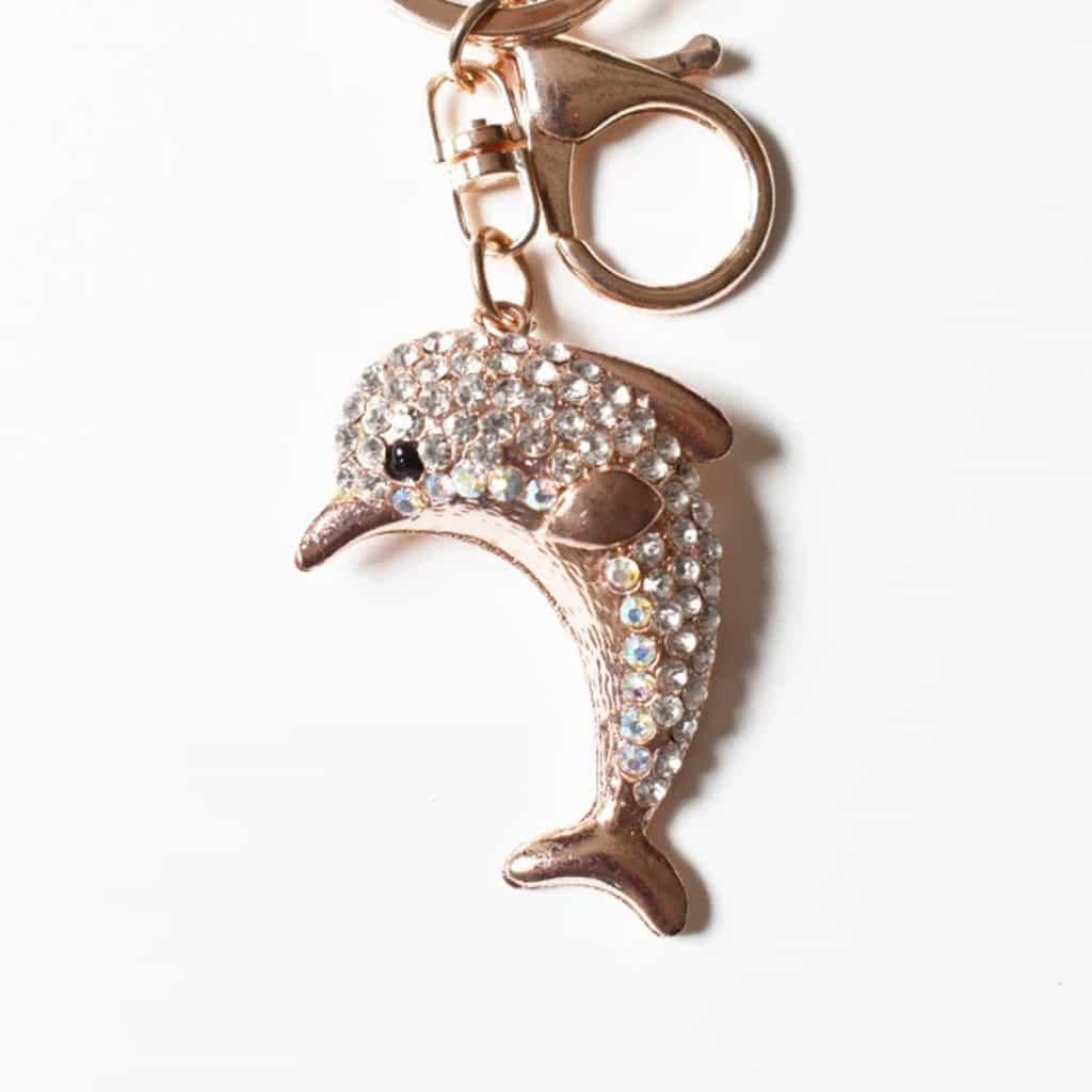 Keychain - Dolphin Keychain, Metal Alloy, Rose-Gold Appearance, Clear Rhinestones