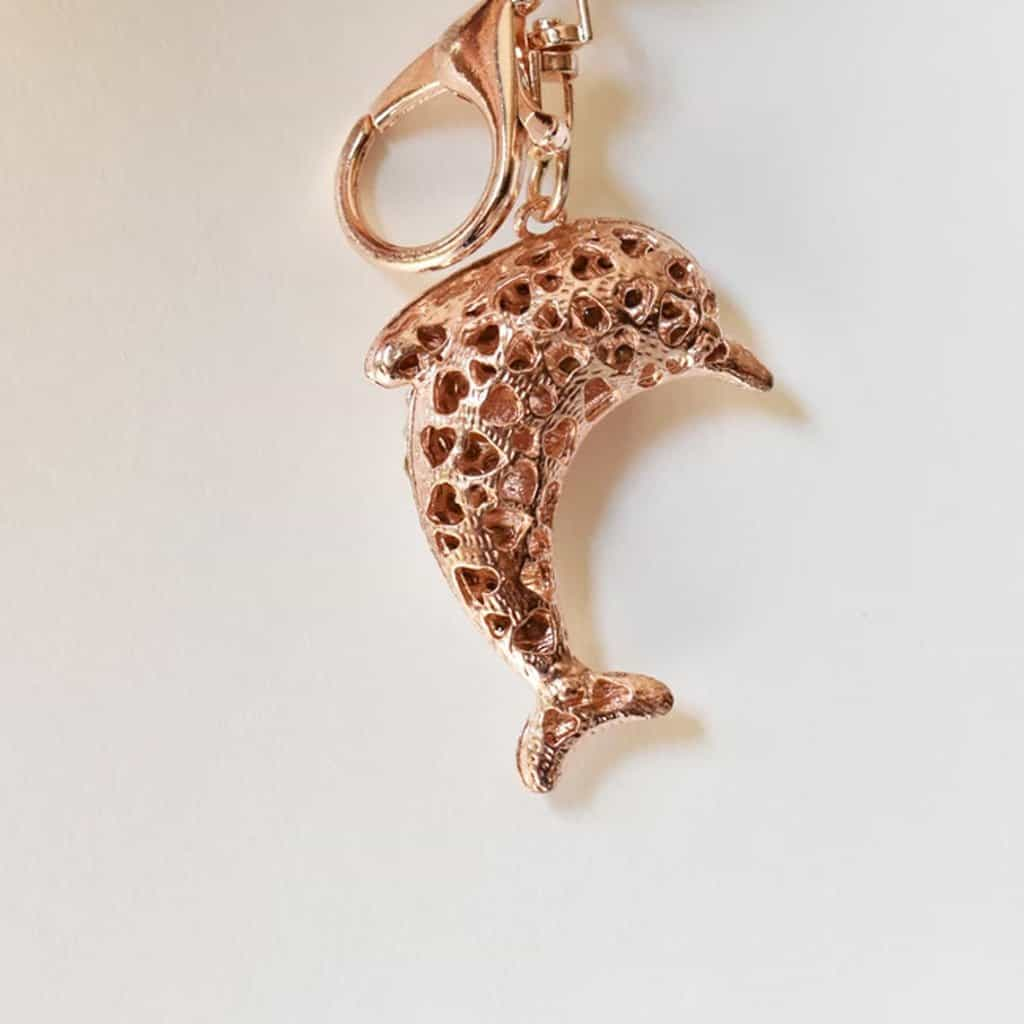 Keychain - Dolphin Keychain, Metal Alloy, Rose-Gold Appearance, Clear Rhinestones