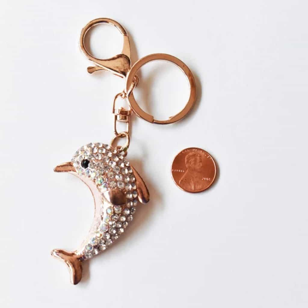 Keychain - Dolphin Keychain, Metal Alloy, Rose-Gold Appearance, Clear Rhinestones