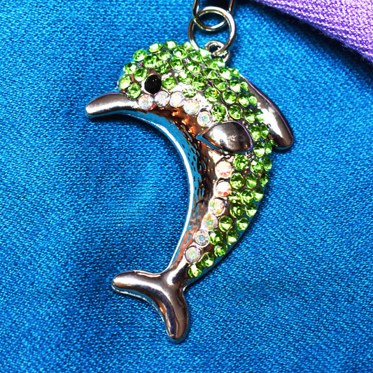 Keychain - Dolphin Keychain, Silver Tone & Peridot Green - Jamagrasha Customized Item