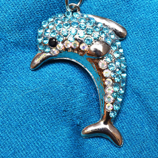 Keychain - Dolphin Keychain, Silver Tone & Turquoise Rhinestones - Jamagrasha Customized Item