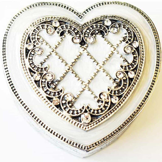 Ring Holder - RING HOLDER, Heart-Shaped, “Antique-Silver”, Pearly-White Enamel, Clear Rhinestones, Ring Holder