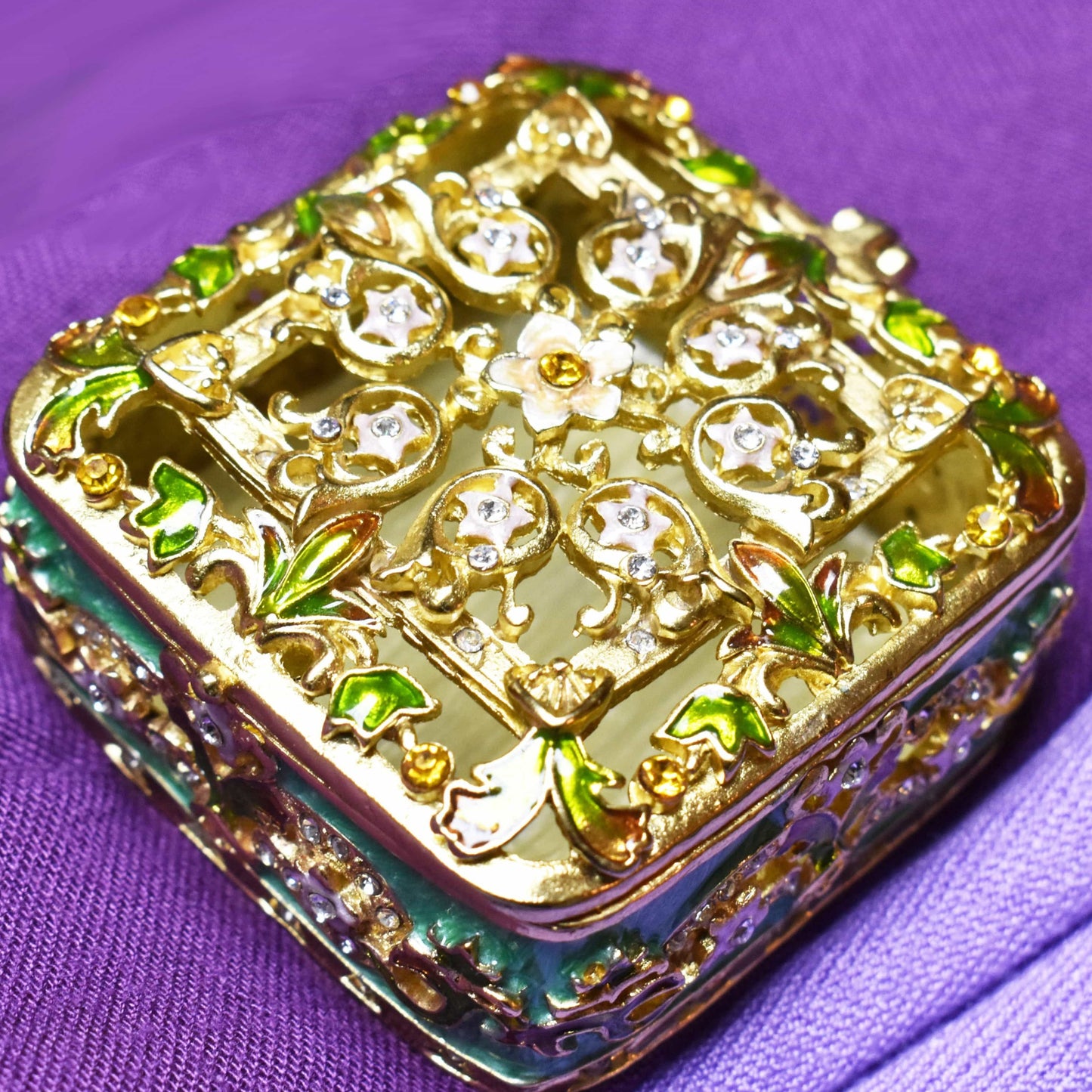 Vintage Gold Tone Metal Jewelry Box Hinged 2 Tier Footed Rhinestone Accents