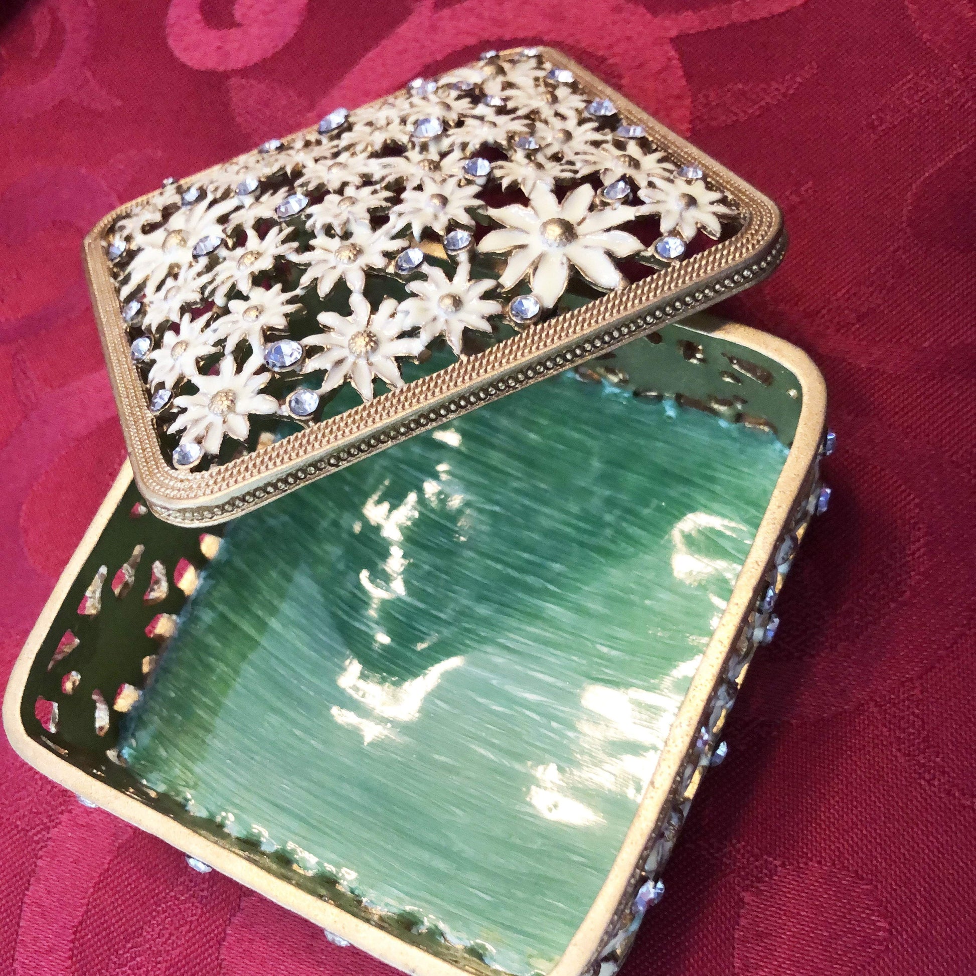 Trinket Box - "Gold/Green" Daisy Square, Enamel & Rhinestones, Trinket Box- Jamagrasha Customized Item