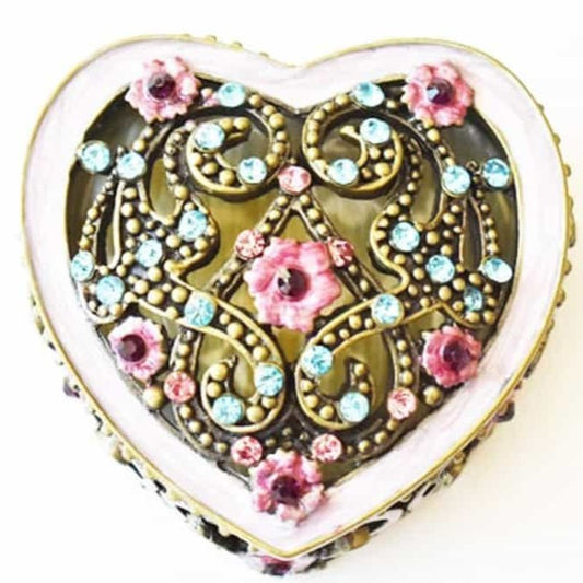 Trinket Box - Heart & Floral, "Antique Brass" Pink & Blue, Trinket Box, Small