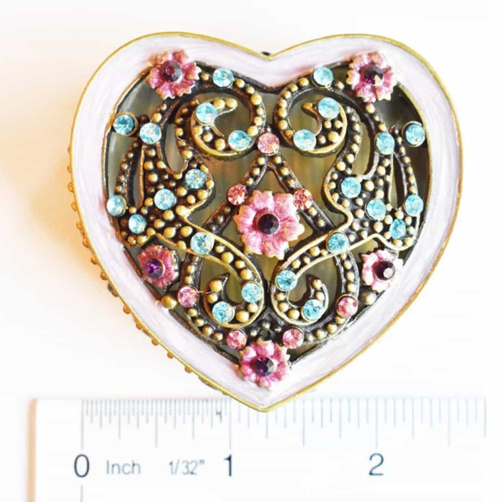 Trinket Box - Heart & Floral, "Antique Brass" Pink & Blue, Trinket Box, Small