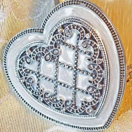 Trinket Box - SMALL, Heart-Shaped, “Antique-Silver”, Pearly-White Enamel, Clear Rhinestones, Trinket Box, SMALL